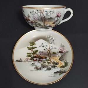 Vintage Nippon Hand-Painted Scenic Teacup and Saucer Set